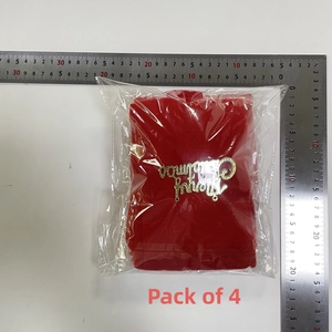 Detail of 4-pack red Christmas wine bags with gold Merry Christmas text and size measurement
