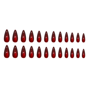 Glossy ruby red cat eye almond press-on nails set with 26 pieces for elegant hand styling
