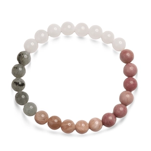 Macro detail of 8mm natural stones beads including quartz and rhodonite on elastic cord