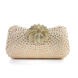 Detailed view of champagne gold evening clutch with rhinestones and floral metal buckle
