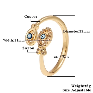 Detailed view of adjustable gold evil eye ring with copper zircon material specifications