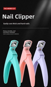 Sharp stainless steel U-shaped nail tip cutters for acrylic nails in pink, blue, and purple