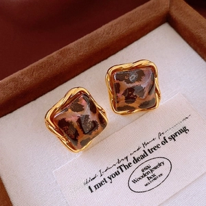 Macro shot of retro square leopard print earrings with gold twisted rope metal borders