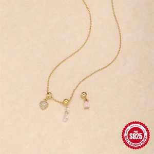 S925 sterling silver necklace featuring cubic zirconia heart and pink gemstone pendants