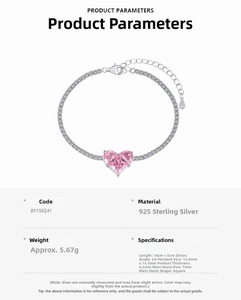 Detail of pink heart zircon bracelet in S925 sterling silver with adjustable chain