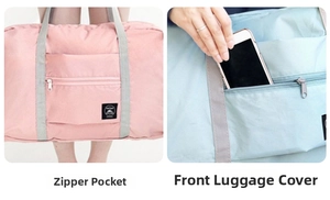 Detail showing the trolley sleeve and front zipper pocket of a folding travel bag