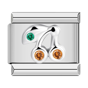 Italian charm link with silver finish and cherry design featuring orange and green gems