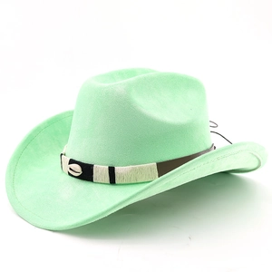 Detail of mint green fedora hat featuring woven band and decorative seashell accent