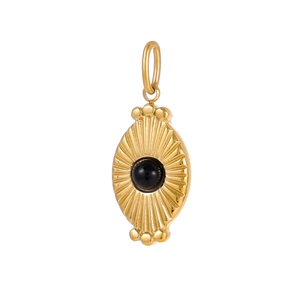 Elegant gold oval pendant featuring a radiant sunburst design with a black natural stone