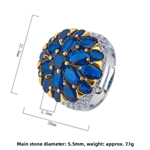 Detail view of vintage blue zircon flower ring with precise dimensions and measurement labels