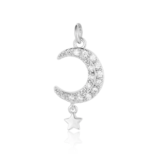 Macro shot of silver crescent moon pendant with micro-pave zircon and dangling star