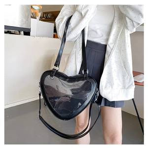 Detailed heart-shaped black JK tote bag with transparent display window for accessories