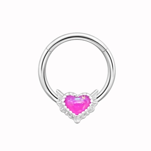 Detailed macro view of the silver hinged nose ring featuring a pink heart opal with wings