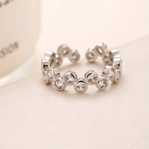 Elegant adjustable silver bubble ring with round clear crystals for minimalist fashion