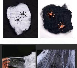 Detailed view of elastic white and black cotton spider webs for Halloween decor