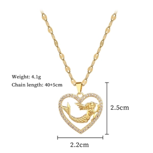 Detail of mermaid heart necklace with size specs: 2.5cm pendant and 40+5cm chain length