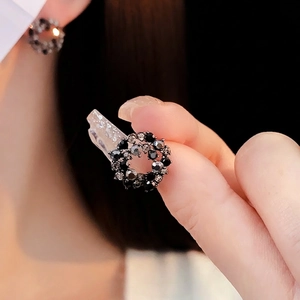 Exquisite French hollow wreath earrings with black and smoke grey cubic zirconia stones