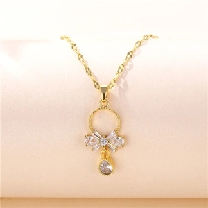 Bowknot Pendant Necklace Titanium Steel Brass Water Drop Teardrop Zircon Inlaid Lip Chain Jewelry For Women