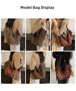 Detail view of large leopard print canvas tote bags in deep brown and yellow patterns