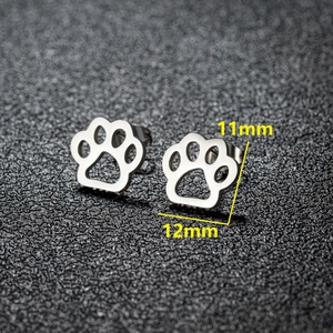 Surgical stainless steel paw print stud earrings with heart cutout design, size 11mm x 12mm