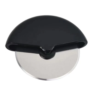 Ergonomic handheld pizza cutter with black plastic handle and stainless steel wheel