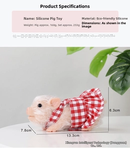 Detailed view of realistic silicone pig toy in a red plaid dress with material specs