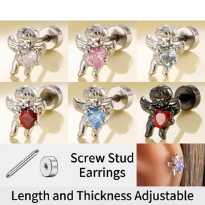 Cupid Angel Heart Cubic Zirconia Titanium Steel Earring With Screw Back Cartilage Stud Piercing Jewelry For Women Sweet Style