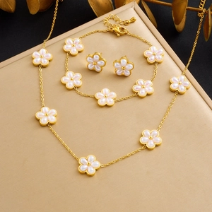 Stainless Steel Gold Plated Flower Necklace Bracelet Earrings White Pearlescent Petals Elegant Retro Jewelry For Women
