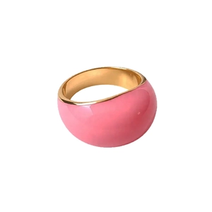 Minimalist wide pink enamel ring with golden metal edges for a modern vintage look