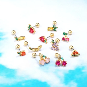 Colorful zircon fruit stud earrings set featuring cherry, grape, and strawberry shapes