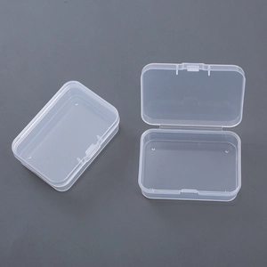 Clear rectangular plastic storage box with flip lid for jewelry and nail art supplies