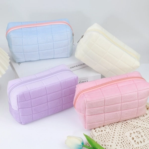 Velvet Makeup Brush Bag Quilted Grid Cosmetic Pouch Portable Travel Organizer For Women Plush Soft Toiletry Zipper Case