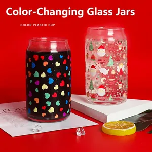 Cold color-changing glass jar with colorful heart and Christmas themed prints