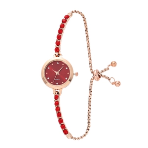Women Quartz Watch Alloy Rhinestone Bracelet Rose Gold Round Dial Adjustable Slider Elegant Fashion Luxury For Lady