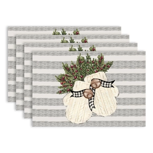 Set of 4 Christmas placemats with winter gloves and watercolor holly berry illustration
