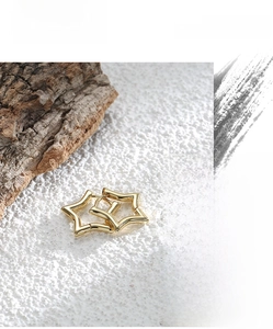 Detailed macro view of gold-plated star earrings with mirror-polished finish on textured background