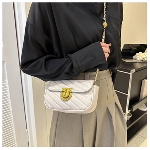 Detailed shot of white quilted crossbody bag with gold chain strap and metal clasp