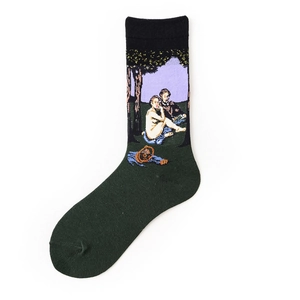Detailed artistic jacquard weave on dark green socks featuring famous oil painting artwork