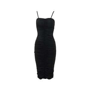 Detailed view of the ruched fabric texture on a slim fit black midi strap dress