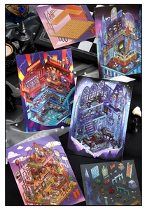 Macro detail of isometric illustrated scene cards and themed stickers set on a retro prop