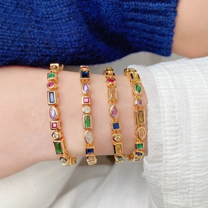 Chic gold-plated bracelets featuring vibrant multi-colored cubic zirconia in various shapes