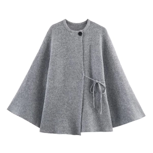 Women Knit Poncho Cape Jacket Grey Acrylic Polyester Single Button Side Tie Split Sleeve Elegant Solid Color Shawl Wrap