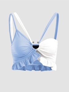 Dames Geribbelde Gebreide Crop Top Color Block Asymmetrische Cami Ruches Zoom Slim Fit Sexy Streetwear Mouwloos