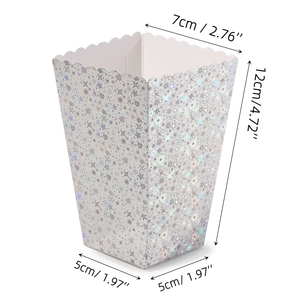 Laser silver popcorn gift box with ribbon handle and bilingual size labels on white background