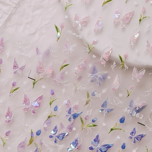 3D holographic purple butterfly and tulip floral nail art stickers with metallic line detail