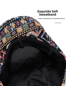 Detail shot of geometric ethnic pattern cap with soft black cotton sweatband inside
