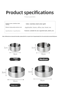 Detailed size comparison chart showing four diameters of golden stainless steel ashtrays
