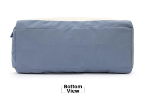 Detailed bottom view of blue and beige large capacity travel duffel bag for gym fitness.