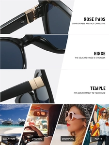 Detail view of retro cat-eye sunglasses with golden hinges and lifestyle wear scenes