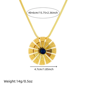 Gold-plated stainless steel fan pendant necklace with blue gemstone on white background